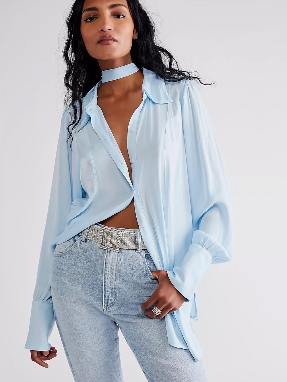 Free People Button Front Shirt Tunic Blue XS | Oversized Boho Chic Fall